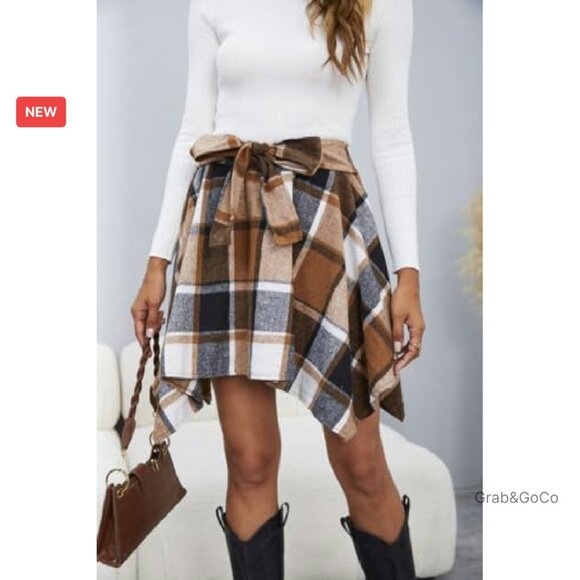 Plaid Flannel Mini Skirt Bow Tie Front Elastic High Waisted Asymmetrical Chic - Picture 5 of 7